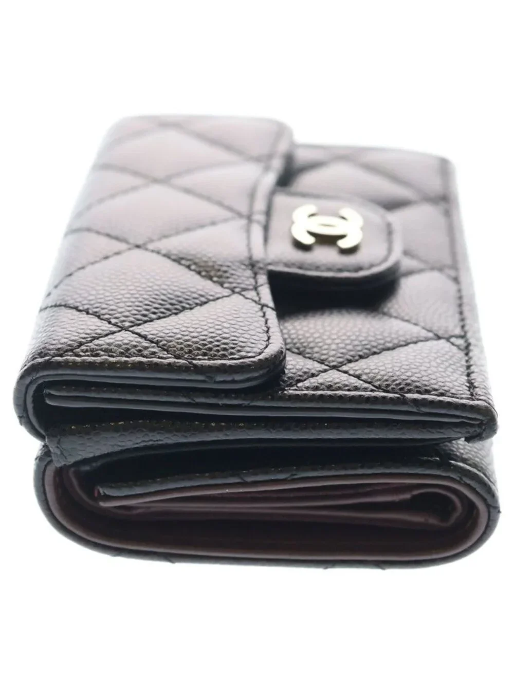 Chanel Quilted Caviar Leather Classic Small Flap Wallet Trifold Compact Black